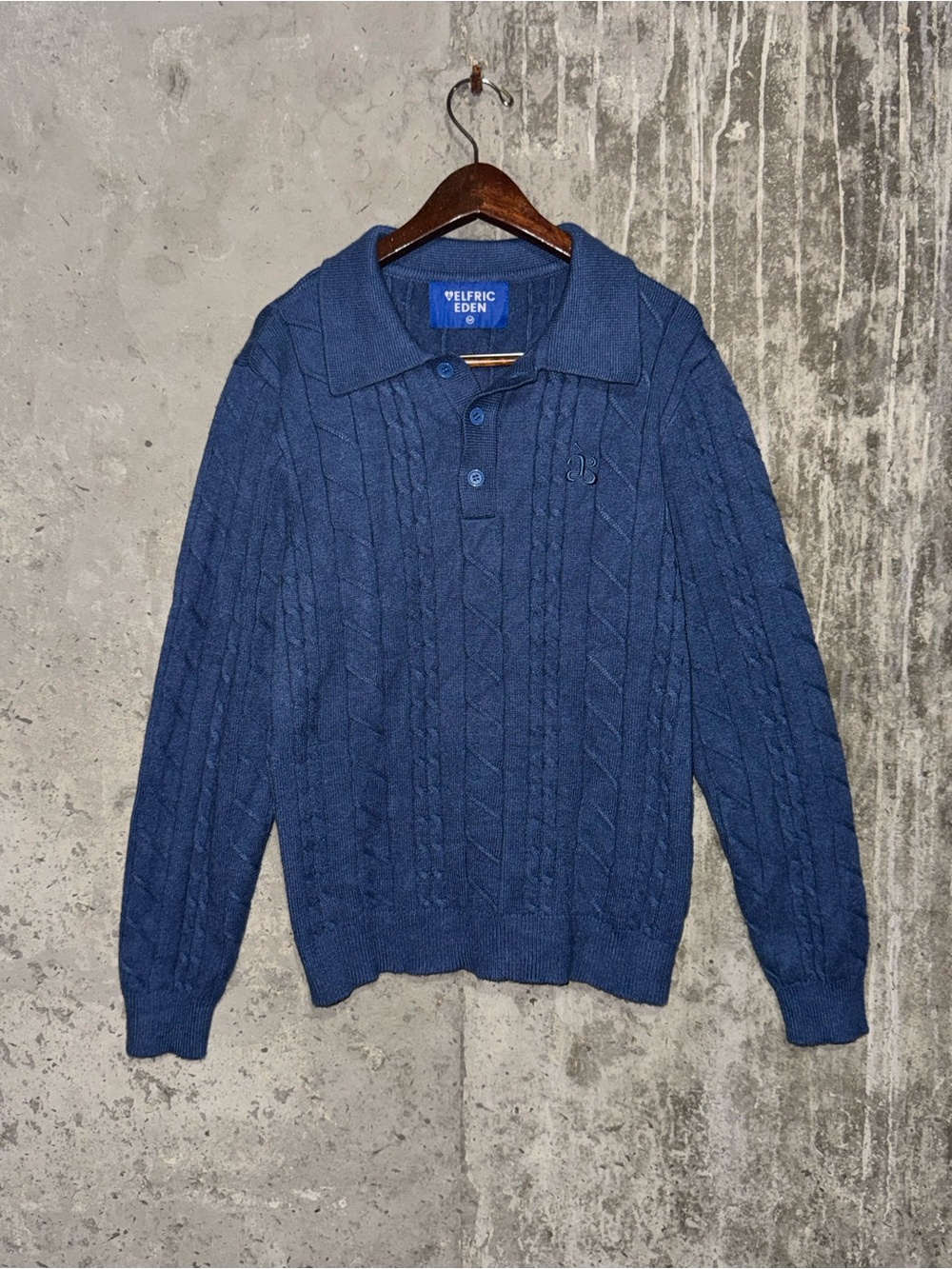 Aelfric Eden Navy Blue Cable-Knit Polo Crewneck Sweater